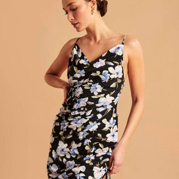 Abercrombie & Fitch Asymmetrical Cinched Midi Dress in Black Print | NWT | L - Picture 4 of 12